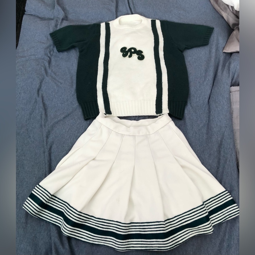 Vintage CHEERLEADER Sweater + Skirt Juniors sz S Green/Wh 1970s High School SPS